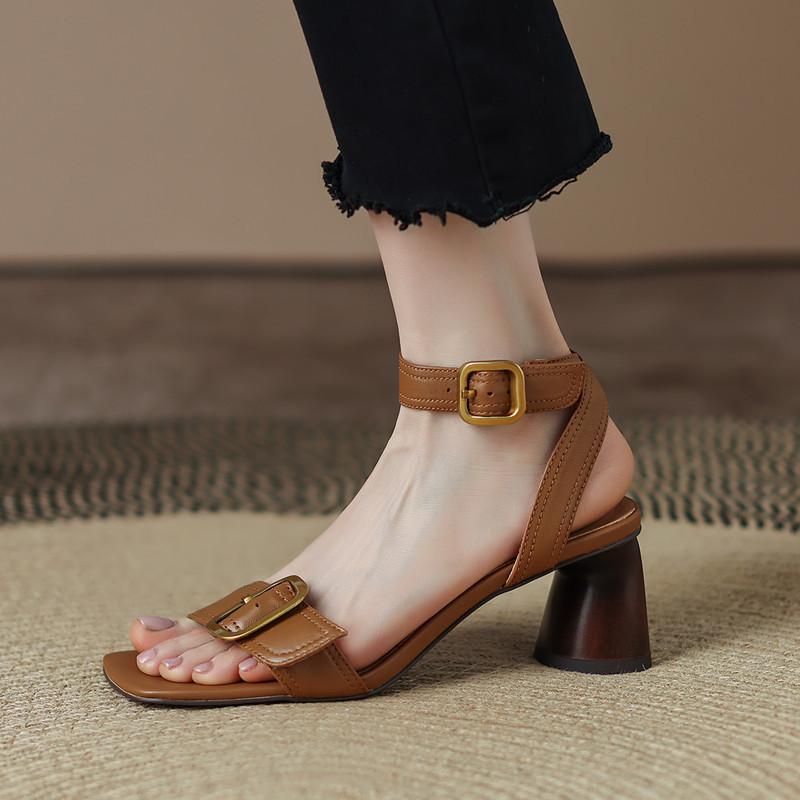 Summer new thick heel retro open-toed sandals summer one-word Roman high heel