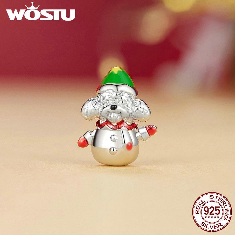 WOSTU 925 Silver Christmas Tree Car Beads Elk Snowflake Charm Snowman Puppy Cat Pendant Fit DIY Bracelet Necklace Cute Xmas Gift