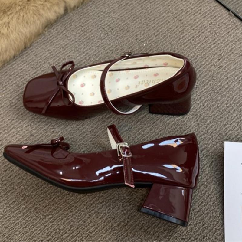 Elegant Girl Lolita Thick Heel Bow One-word Buckle Mary Jane Shoes Red Patent Leather High Heel Round Head Single Shoes Women