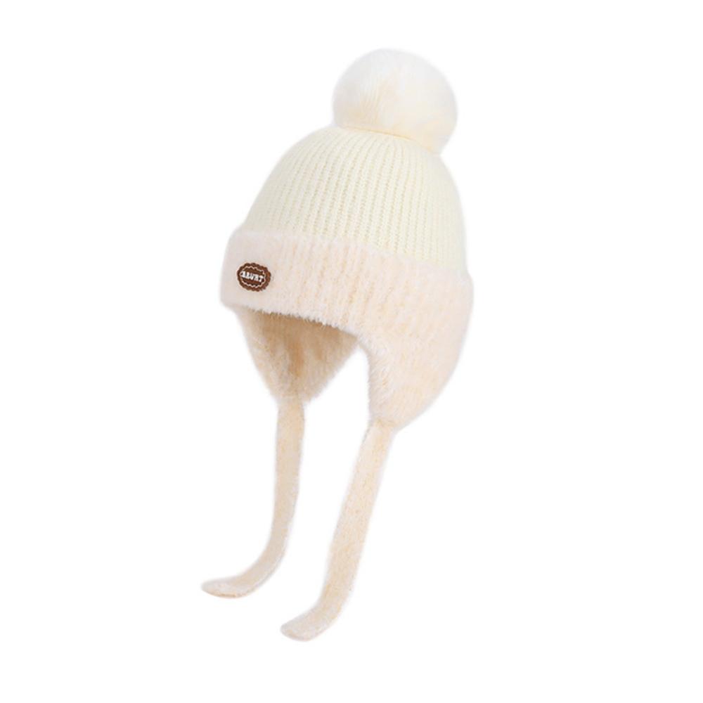 Kids Winter Knitted Earflap Hat with Pom Pom, Plush Lining and Long Ties, Warm Windproof Polyester Cap for Ages 4–10Years