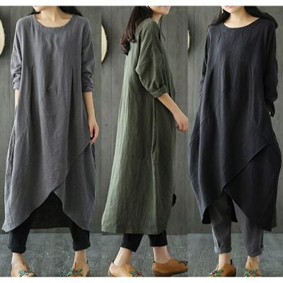 Plus Size Women's Spring and Autumn Ethnic Style Loose and Thin Dress with Raglan Sleeves, Cotton and Linen