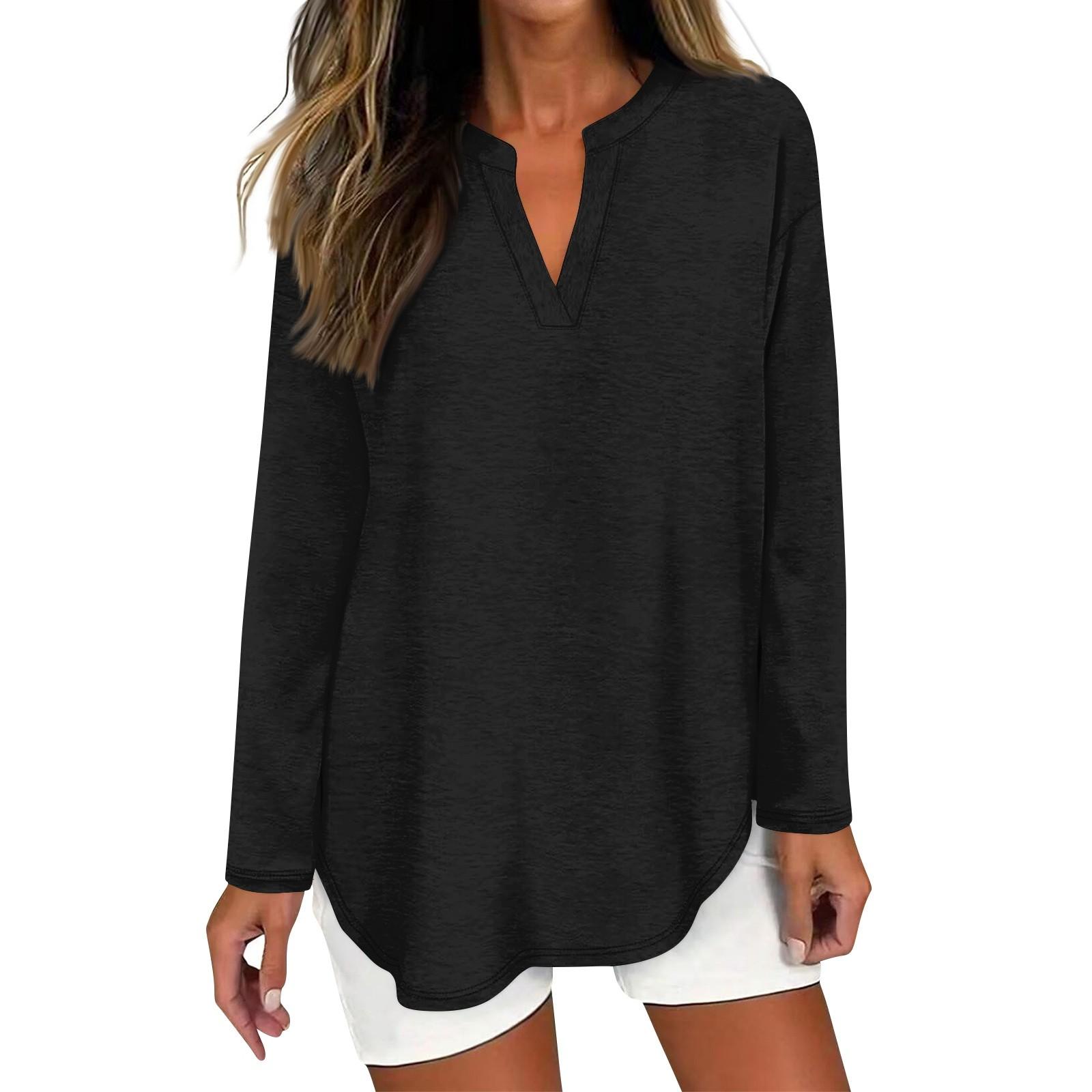 

Женская футболка однотонная с длинным рукавом повседневная модная базовая футболка с V-образным вырезом и изогнутым подолом L чёрный