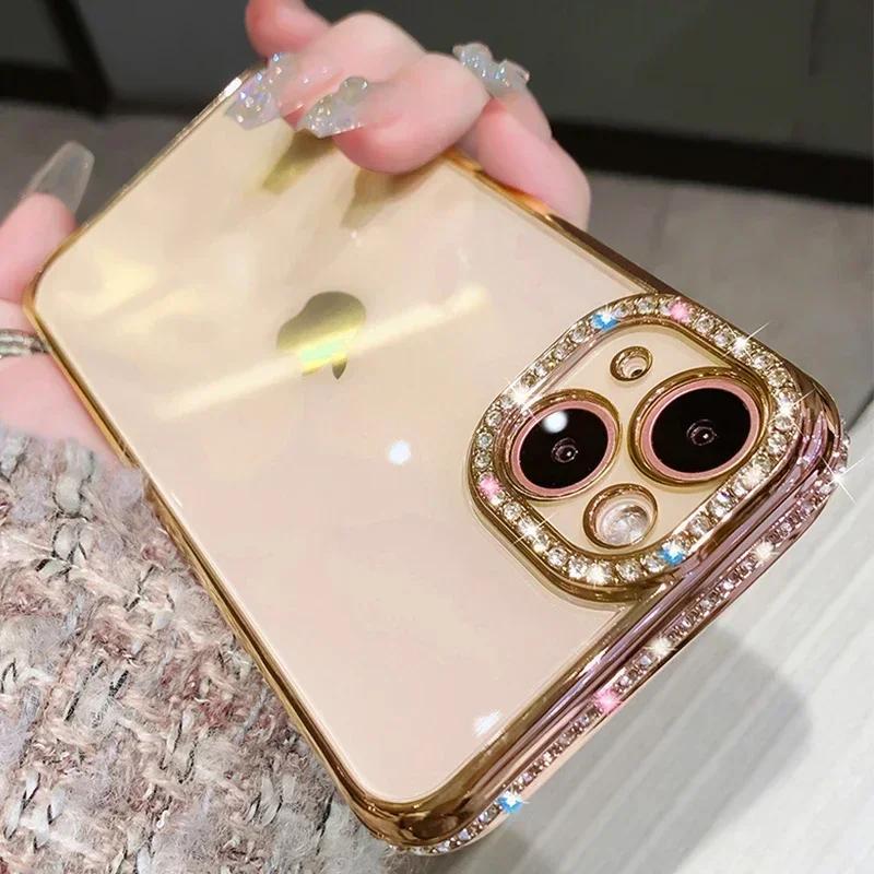 Luxury Plating Glitter Diamond Transparent Case for iPhone 17 16 11 14 15 Pro Max Plus Female Silicone Shockproof Cover