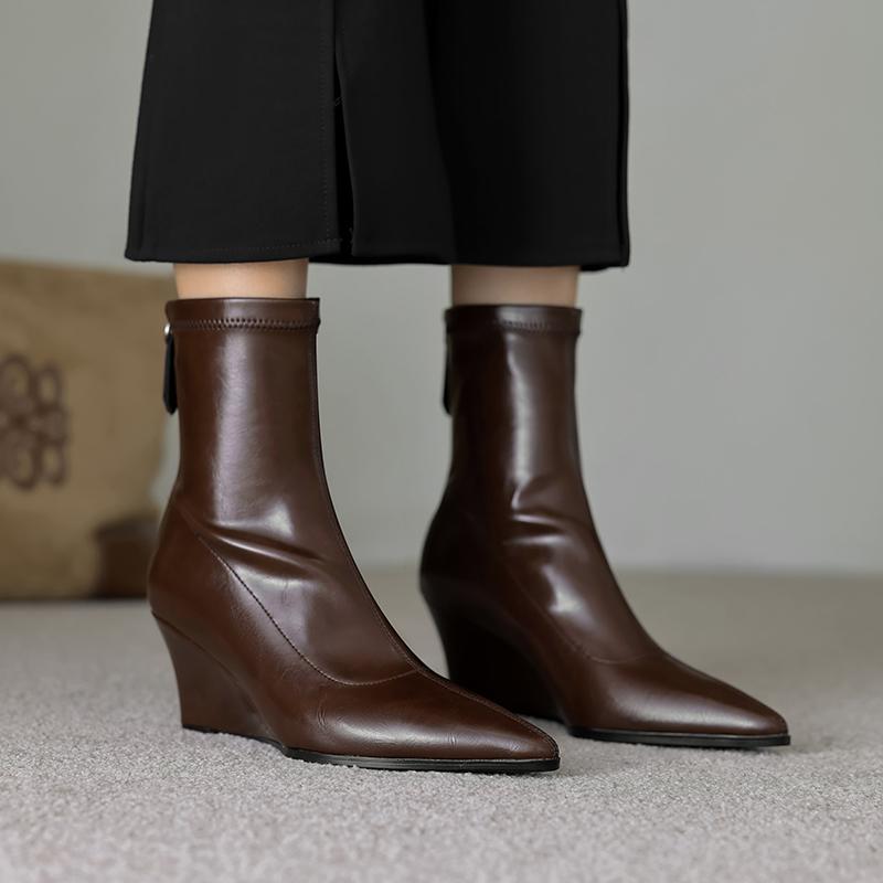 Fashion 2025 New Autumn Women Boots Pointed Toe Wedges Modern Boots Microfiber Women Shoes Short Boots High Heels Stretch Shoes