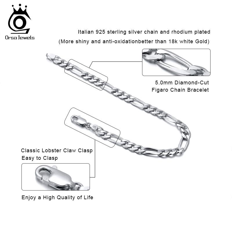 ORSA JEWELS Italian 925 Sterling Silver Men Bracelet 5.0mm Diamond-Cut Figaro Chain Bracelet for Women Wide Thick Bracelet SB66