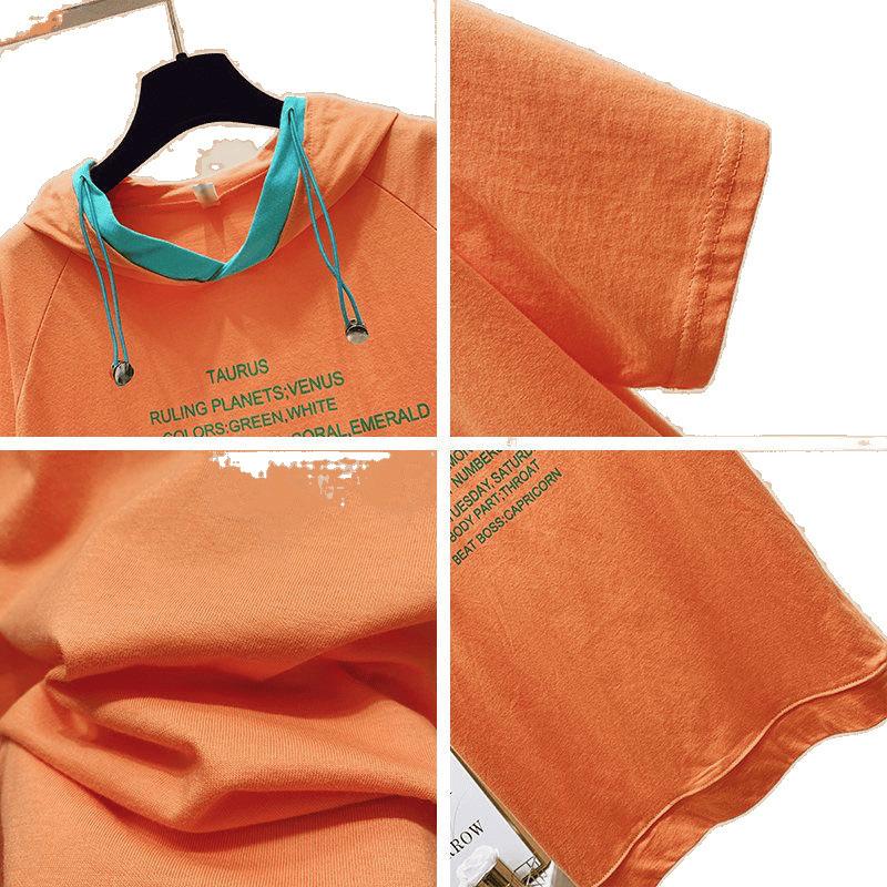Plus Size Women's T-shirt Sweater Summer New Loose Slimming Age-reducing Tops Contrast Letter Printing Casual Hooded Short Sleeves