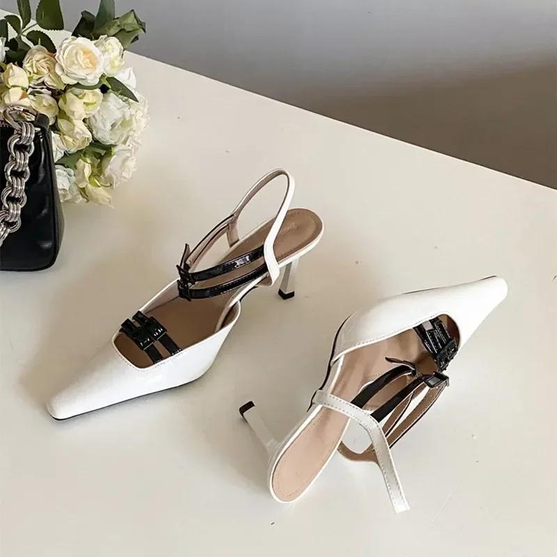 Novelty Straps Buckle Designer Thin High Heels Women Sexy Pointed Toe Heeled Sandals Patent Leather Women Pumps Wedding Shoes