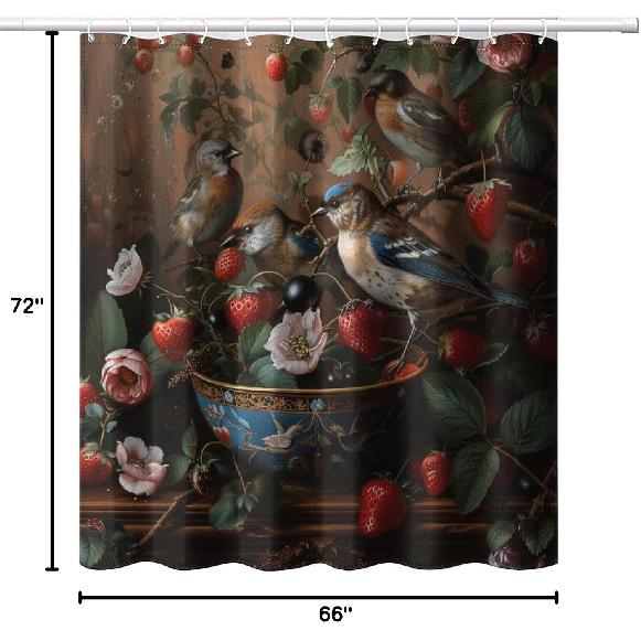 William Morris Flower Shower Curtain, Strawberry Thief Bird Animal Vintage Brown Shower Curtain Bathroom Decor Waterproof Privacy Shower Curtain