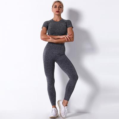 Gym Set Women Fitness Yoga Set Seamless Solid Short Sleeve Crop Top High Waisted Leggings Sportswear Woman 2Pcs Set Gym Clothing