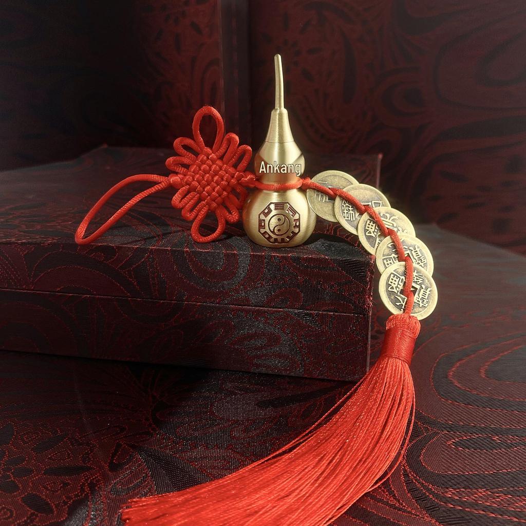 Copper Gourd Pendant with Chinese Emperor Coins, Gold Edges & Knot, Red Tassel for Home Decor