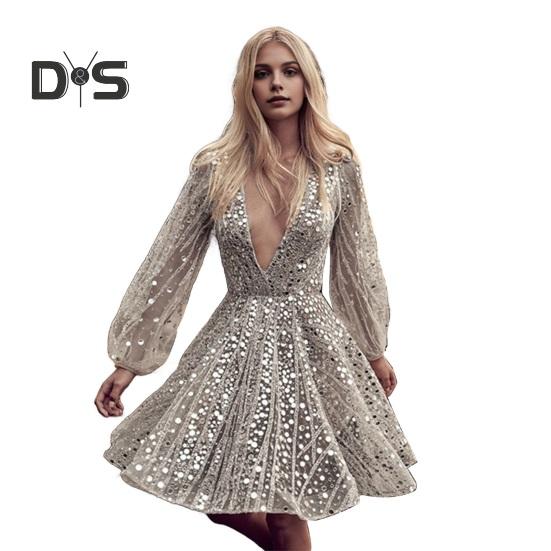 Robe de soirée col en V profond paillettes maille transparente robe trapèze mini manches longues lanterne robe de soirée cocktail courte