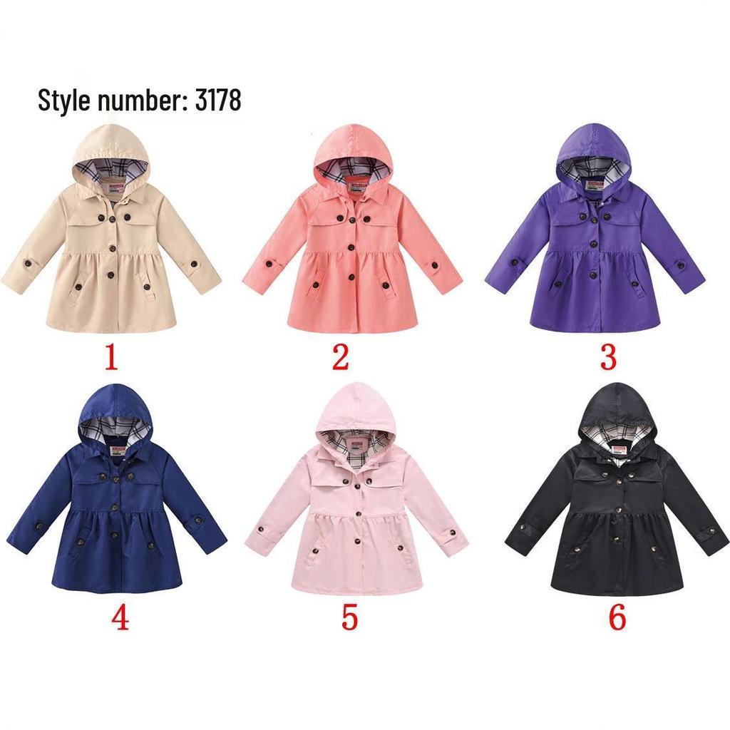 Girls' British Style Button Trench Coat with Detachable Hood - Waist-Defining, Solid Color, Mid-Length, Autumn Classic Fashion.