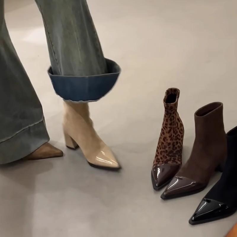 Boots female 2025 spring and autumn new Internet celebrity brown thin boots French temperament small ankle boots pointed short boots
