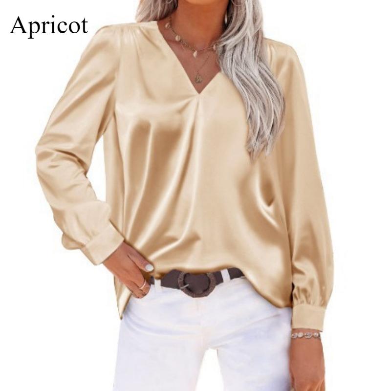 Dámský nový saténový plisovaný top s dlouhým rukávem, výstřih do V, jarní a podzimní, volný pro volný čas, do práce, do kanceláře, jednobarevný, módní, slim košile