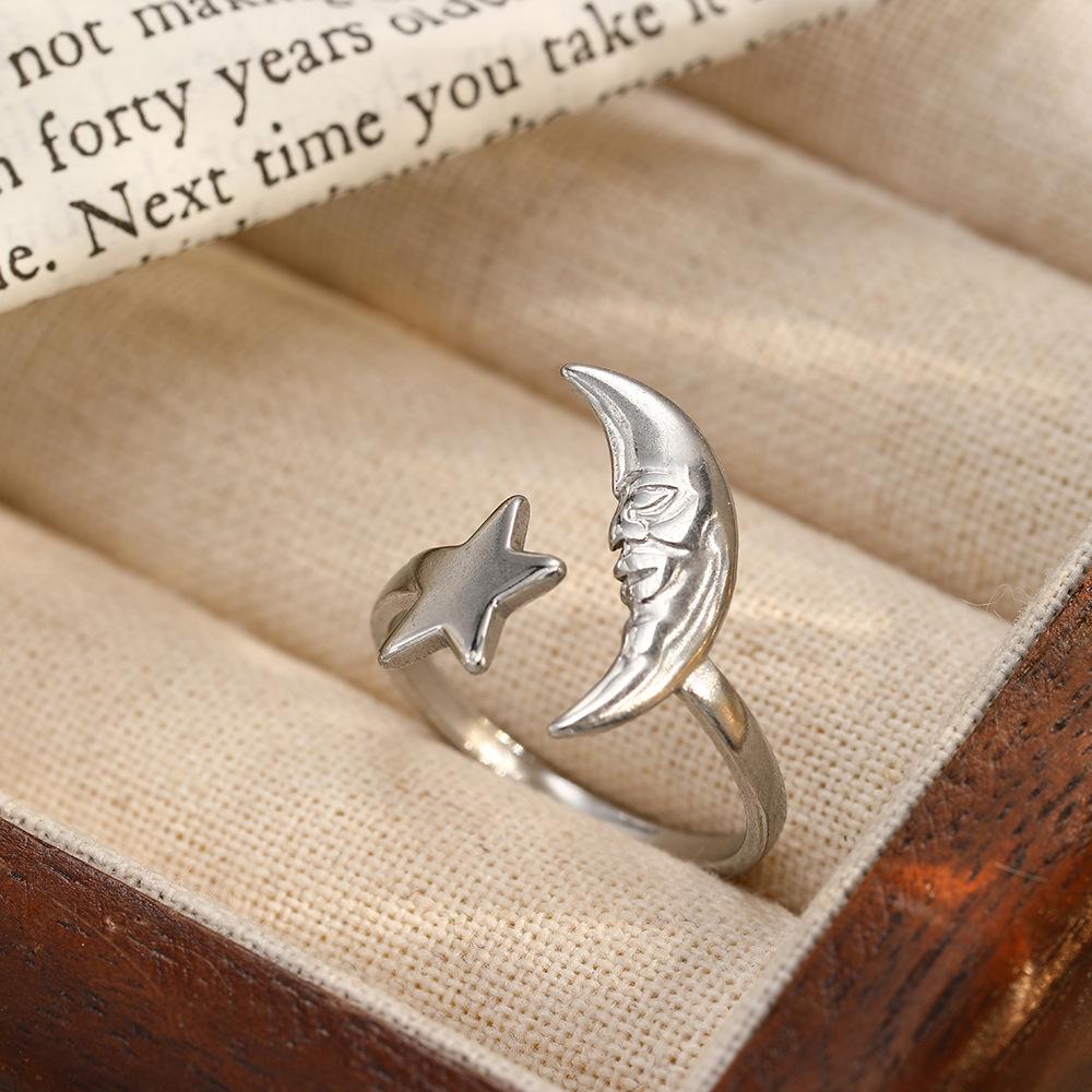 Women's Retro Moon Star Open Adjustable Ring Minimalist Stainless Steel Gold Color Finger Rings Waterproof Jewelry Wholesale