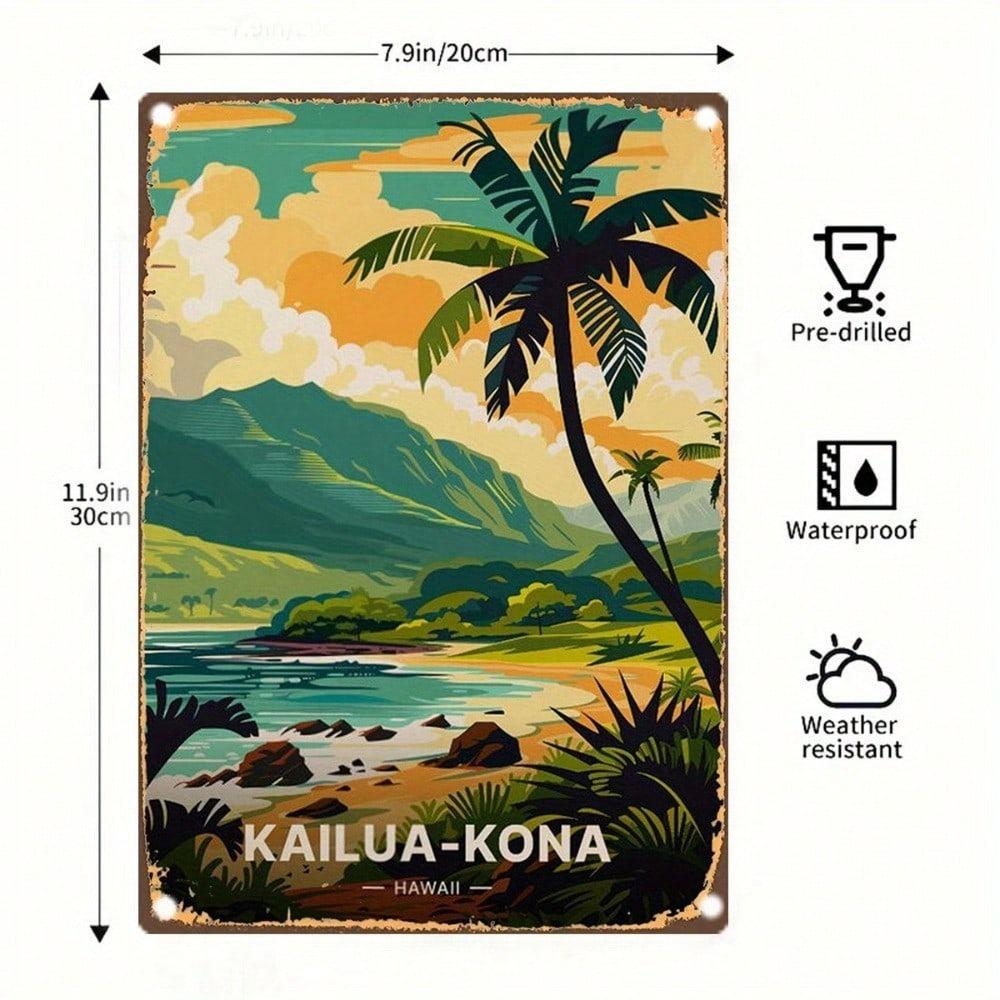 Vintage Hawaii Kailua Kona Tin Metal Wall Art 8x12 Inch Retro Sign Bar Cafe Decor