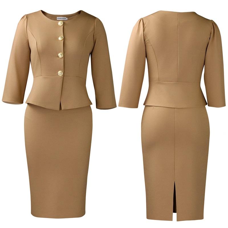 Women's 2Pcs Solid Color Office Suit Peplum Blazer + Pencil Skirt Set