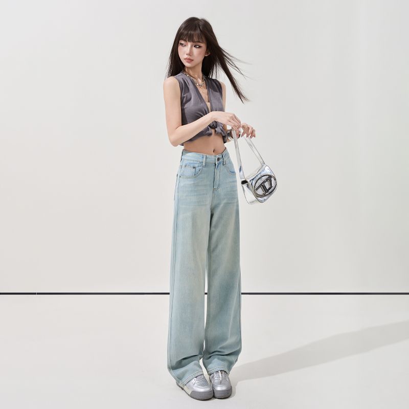Spring Summer Premium Ultra Soft YKK Zipper Retro Light Blue Floor Wide Leg Denim Pants For Ladies Casual Pants Oversize Denim Trousers