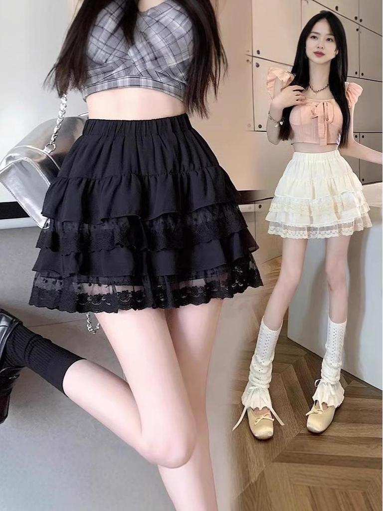 White Lace A-Line Mini Skirt: High Waist, Slimming, Puffy Design for Summer.