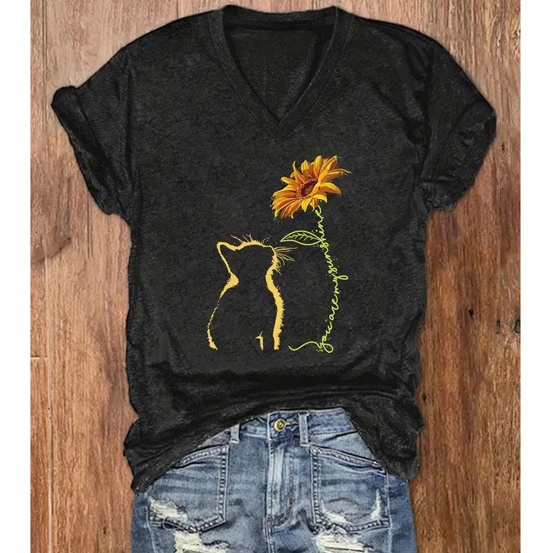 Fashion Cat Sunflower Painting Blouses Short Sleeved V-Neck T Shirts Casual