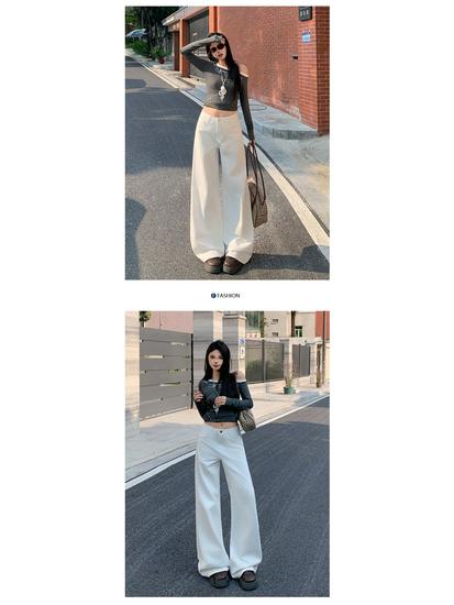 Women's Khaki Wide-Leg High-Waisted Slimming Floor-Length Jeans - 2025 Autumn/Winter Collection