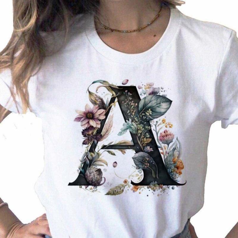 Women T Shirt Custom Name Letter Combination Print Tshirt Flower Letter Font A B C D E F G Short Sleeve Female Tees Tops 5XL