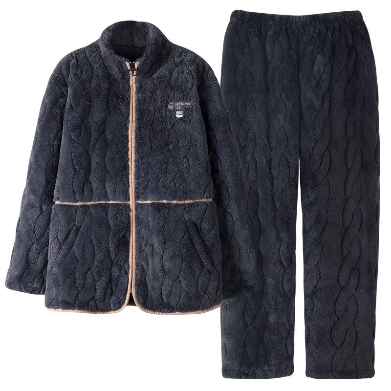 Winter Coral Fleece Pajamas Men'S Three-Layer Padded Cotton Thickened Warm Zipper Flannel Loungewear Padded Jacket Fleece Set