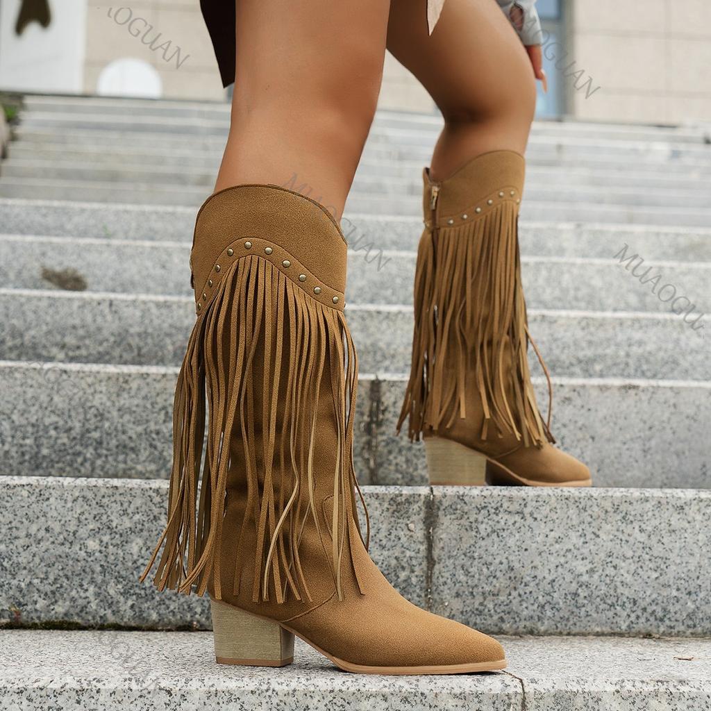 Fashion New Women's Vintage Fringe Boots Knee-High Chunky High Heel Pointed Toe Autumn Long Boots Female Suede Western Cowboy Booties