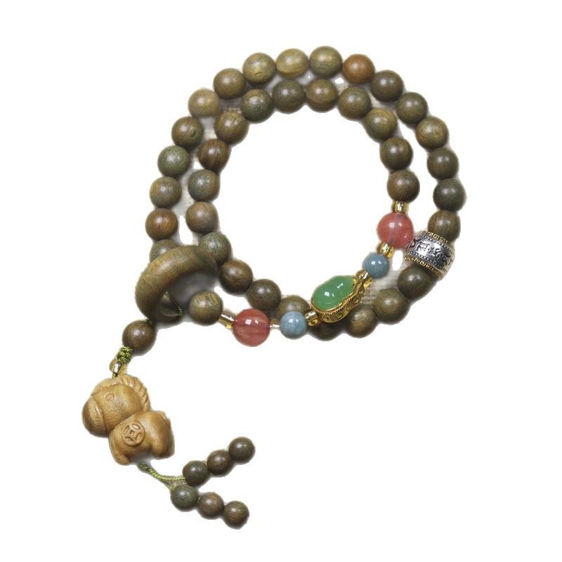 Green Sandalwood 8mm Double Wrap Bracelet Horse & Gourd Pendant Women’s Wooden Gift Jewelry