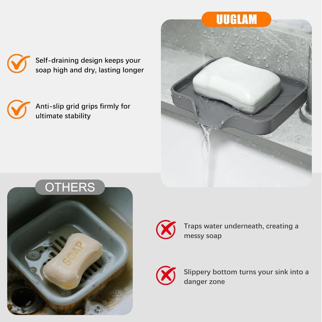 Silicone Soap Dish for Shower with Self Draining, 2 Pack Soap Holder for Bathroom, Silicone Sponge Holder for Kitchen Sink, Soap Tray for Dispenser,