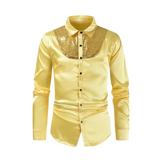Spring Fall Men Shirt Sequin Smooth Surface Single-breasted Patchwork Turn-down Collar Cardigan Long Sleeves Cosplay Club Dance Party Top