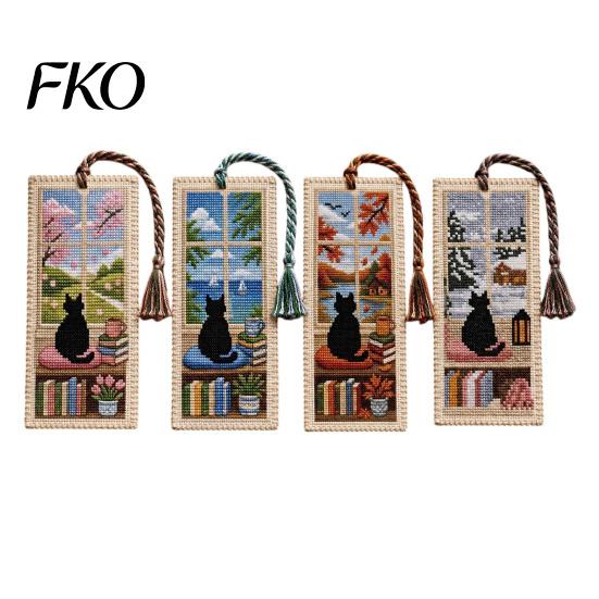 Delicate Stitching Bookmark DIY Stitch Kit for Adults Beginners, Seasonal Cat Retro Handmade Embroidery Kit, Gifts Lovers, Readers Craftsmanship