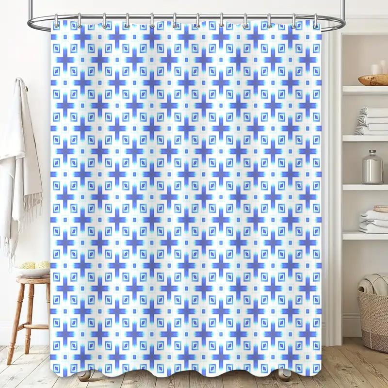 Blue White Bath Curtain with Geometric Design for Home Decor Quick Drying Fabric Shower Curtains In Blue Tones (60x72)