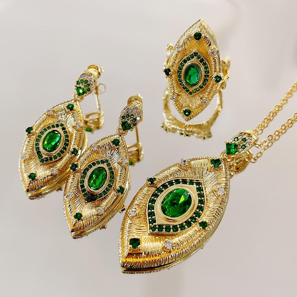 Women Jewelry Set Italian Crafted Evil Eye Necklace French Style Simulated Emerald Earrings Open Ring Gift