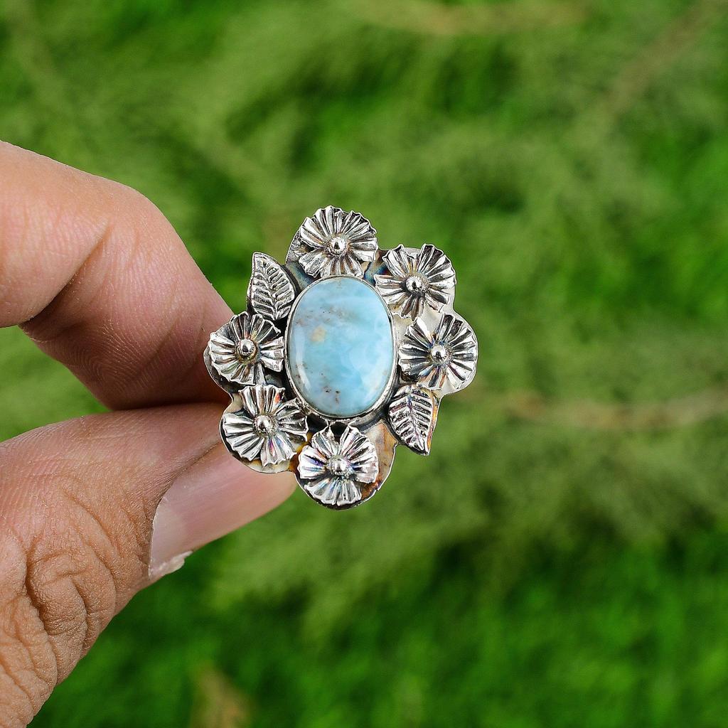 Gift For Her Natural Larimar Stackable Flower Adjustable Ring 925 Silver