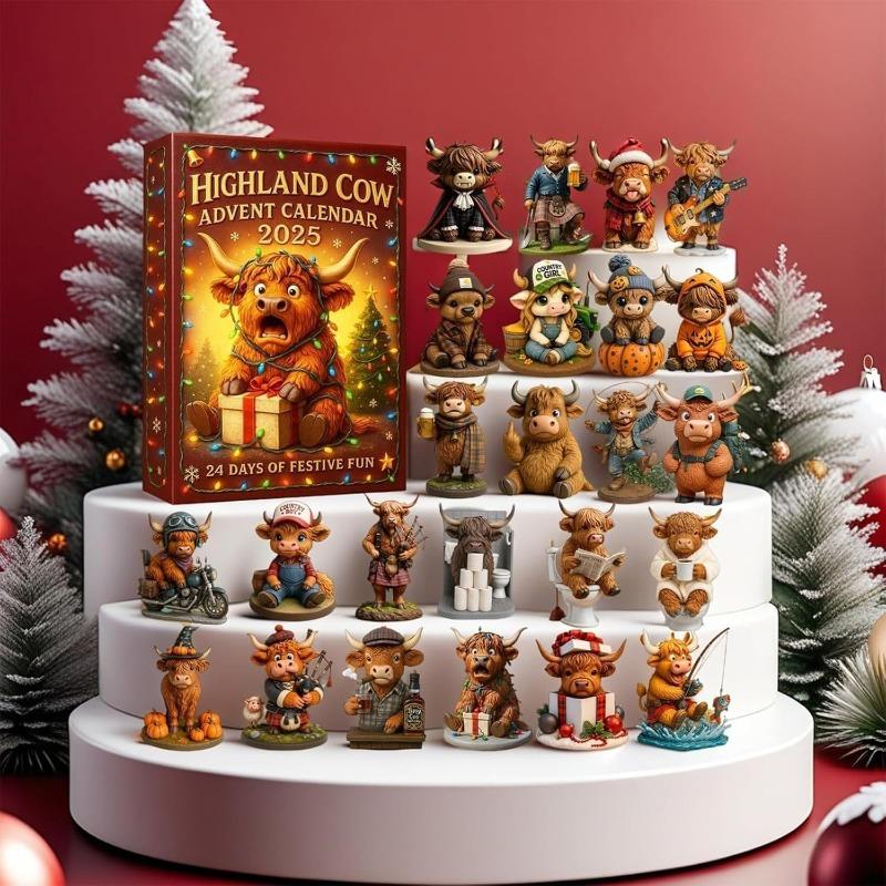 Christmas Highland Cow Advent Calendar 24 Days Christmas Countdown Calendar 3D PVC Highland Cow Ornaments Xmas Christmas Gifts