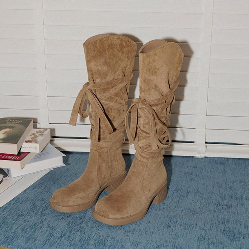 New Vintage Tassels Women Western Cowboy Boots Autumn Ladies Causal Thick Heel Long Botas  De Mujer 35