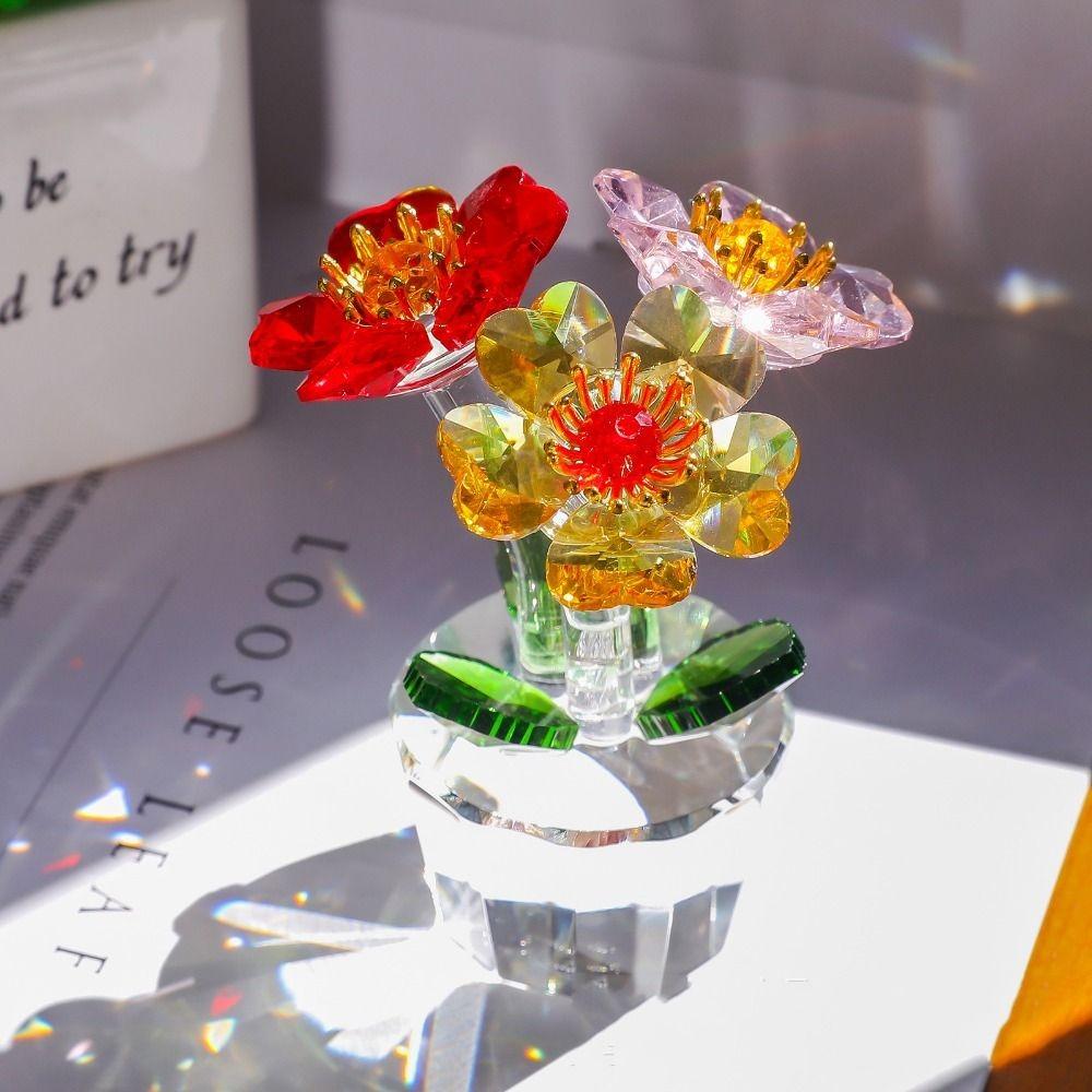 Handcraft Crystal Flower Statue Ornament Clear Base Artificial Flower Figurine Rose Tulip High Transparence