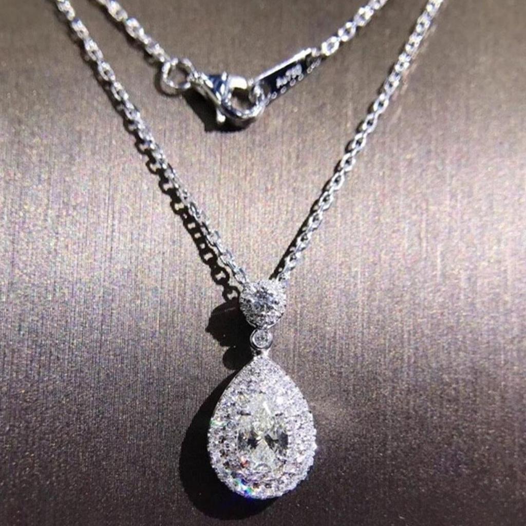 Sparkling Teardrop Pendant Necklace Elegant Double Halo Design Dainty Clavicle Chain for Women for Party Wedding and Daily Wear