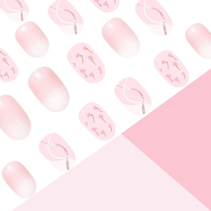 24 Pieces Artificial Nail Short Almond Styles Press on Nail Glitters Floral Patterns False Nail For Various Occasion