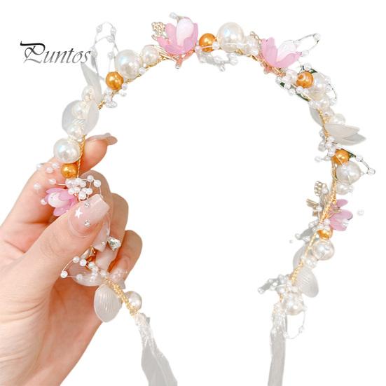 Stirnband für Mädchen, lang, transparentes Band, verstellbar, Kunstperlen-Dekoration, Prinzessinnen-Blumenmuster, Kopfschmuck für Hochzeit, Party, Haar-Accessoires, Geburtstagsgeschenk