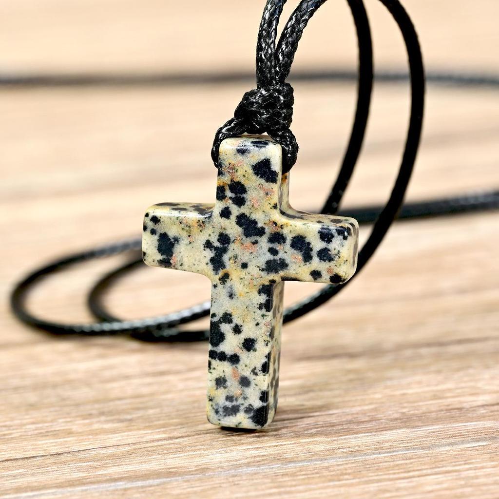 Unisex Rose Quarz Kreuz Anhänger Halskette mit langem Wachskordel - Perfektes Weihnachtsgeschenk Schmuck