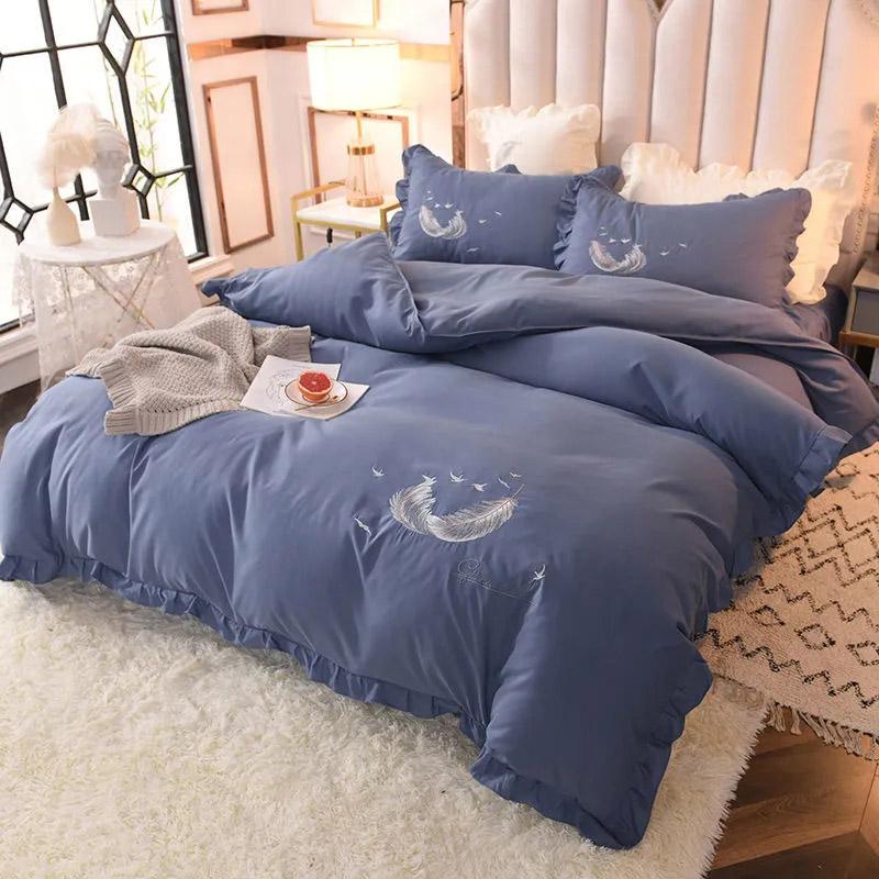4pcs/set Korean Feather Embroidered Bed Skirt Bedding Set Female Princess Style Solid Color Double Sheet Quilt Cover Pillowcases Set