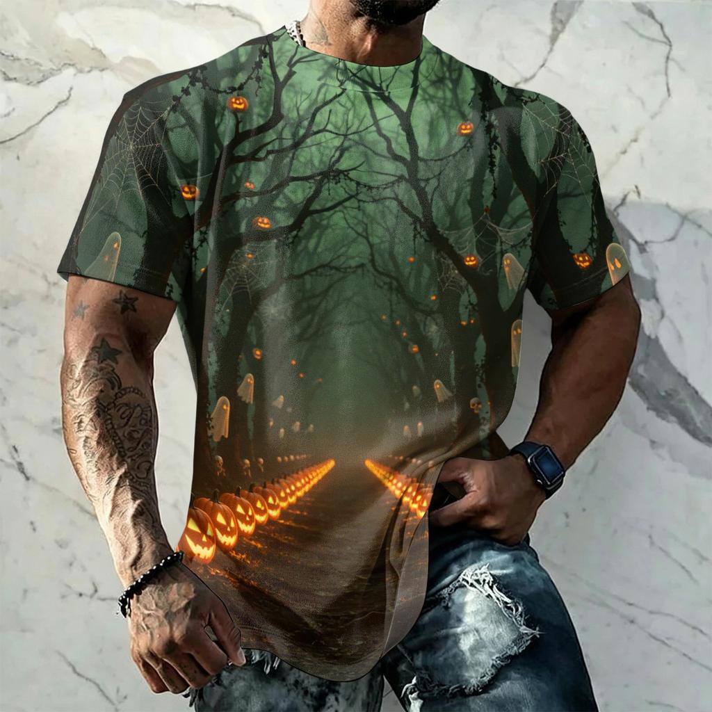 Men's Halloween Printed Retro Texture Short Sleeve T-Shirt, Loose Fit Breathable Summer Streetwear Top