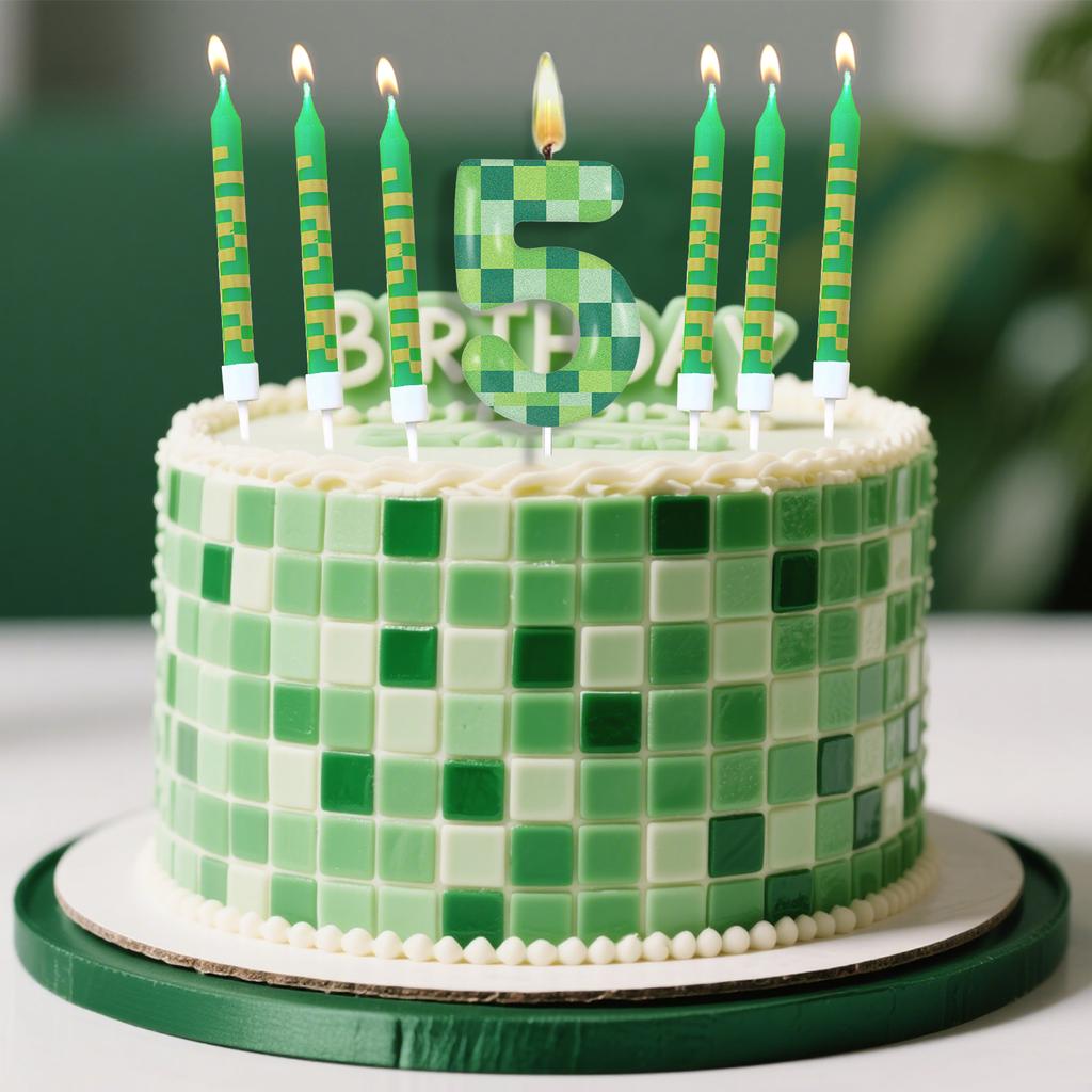 7pcs Green My World Candle Birthday Party Pixel Theme Birthday Party Video Game Party Decoration  0-9 Cake Top Digital Candles