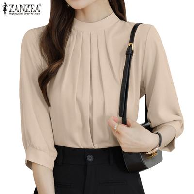 Women Summer Stand Collar 3/4 Sleeve Solid Casual Cover Up Blouse