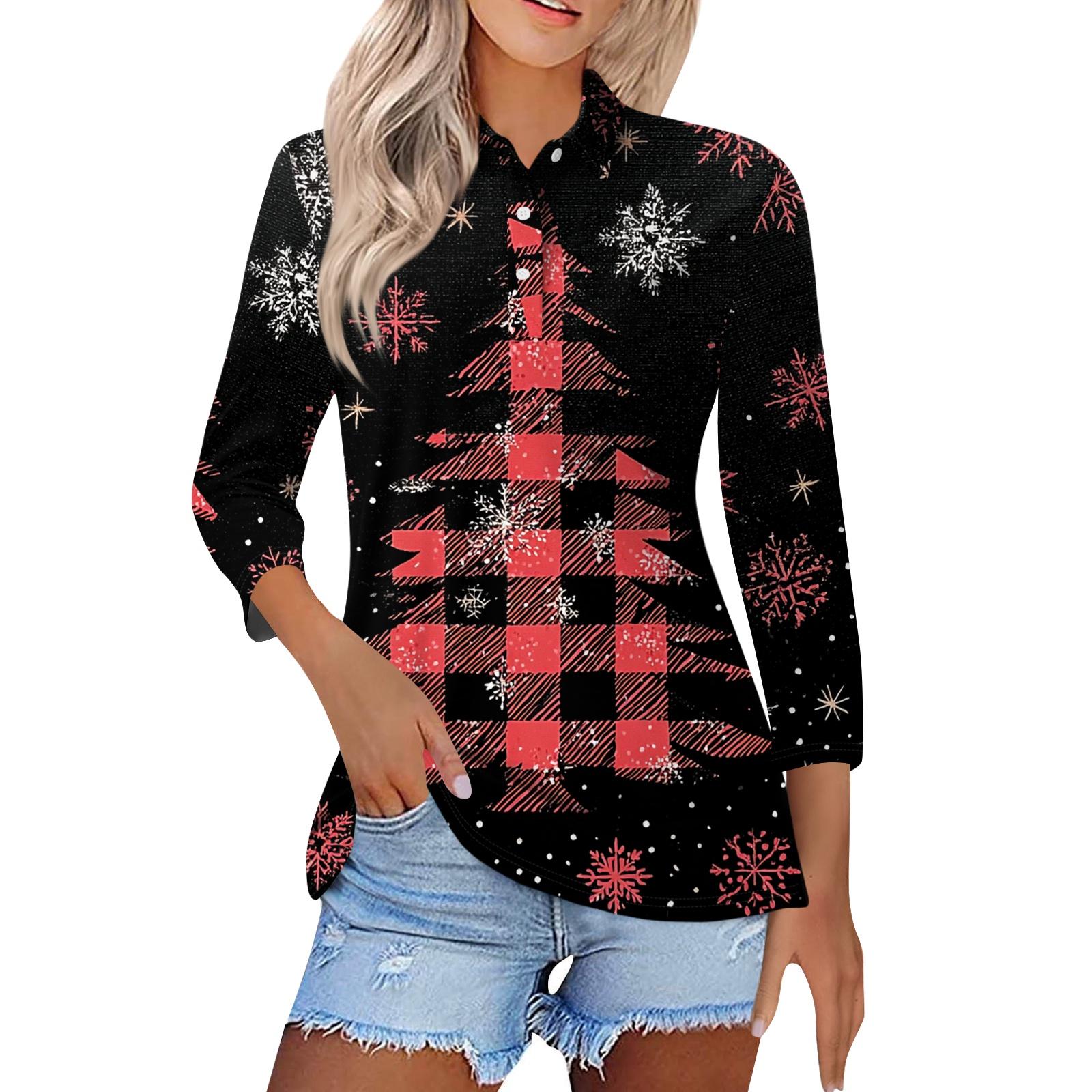 

Женская модная повседневная рубашка с коротким рукавом 4/5 и лацканами, с рождественским принтом, женские топы на пуговицах M чёрный