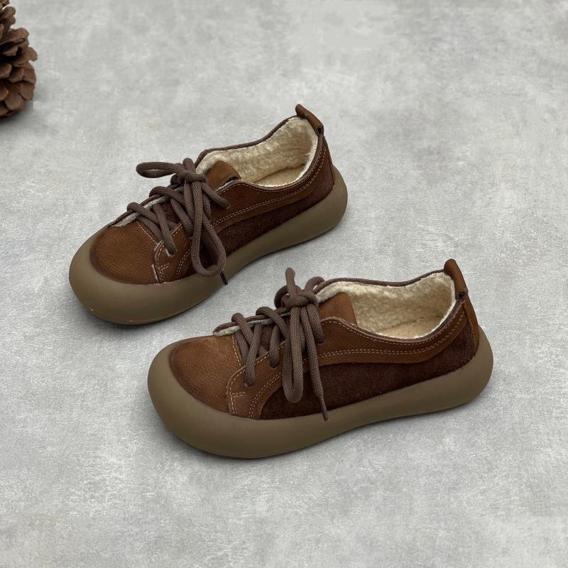 Johnature Retro Flats Genuine Leather Plush Warm Cotton Shoes Cow Leather Thick Soled Women's Shoes