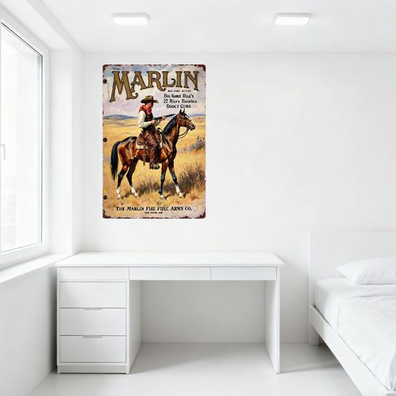 Vintage Marlin Firearms Metal Sign Western Cowboy Horse Rifle Art Wall Decor for Man Cave Bar Shop