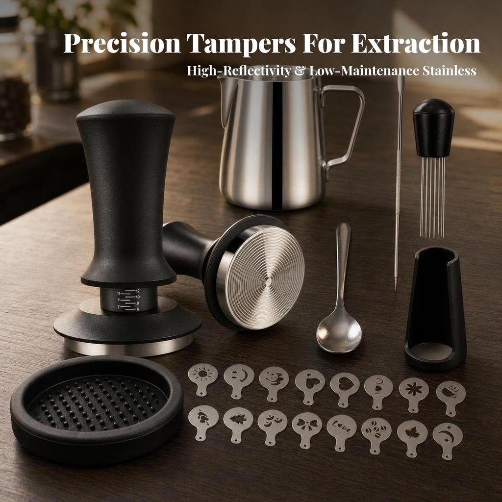 Espresso Tamping Kit with Pitcher Ergonomic Latte Art Set Stencils Non-Slip